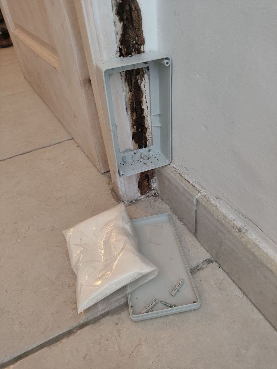 Cadre de la station curative fixé sur la galerie de termites, appât et couvercle posés au sol