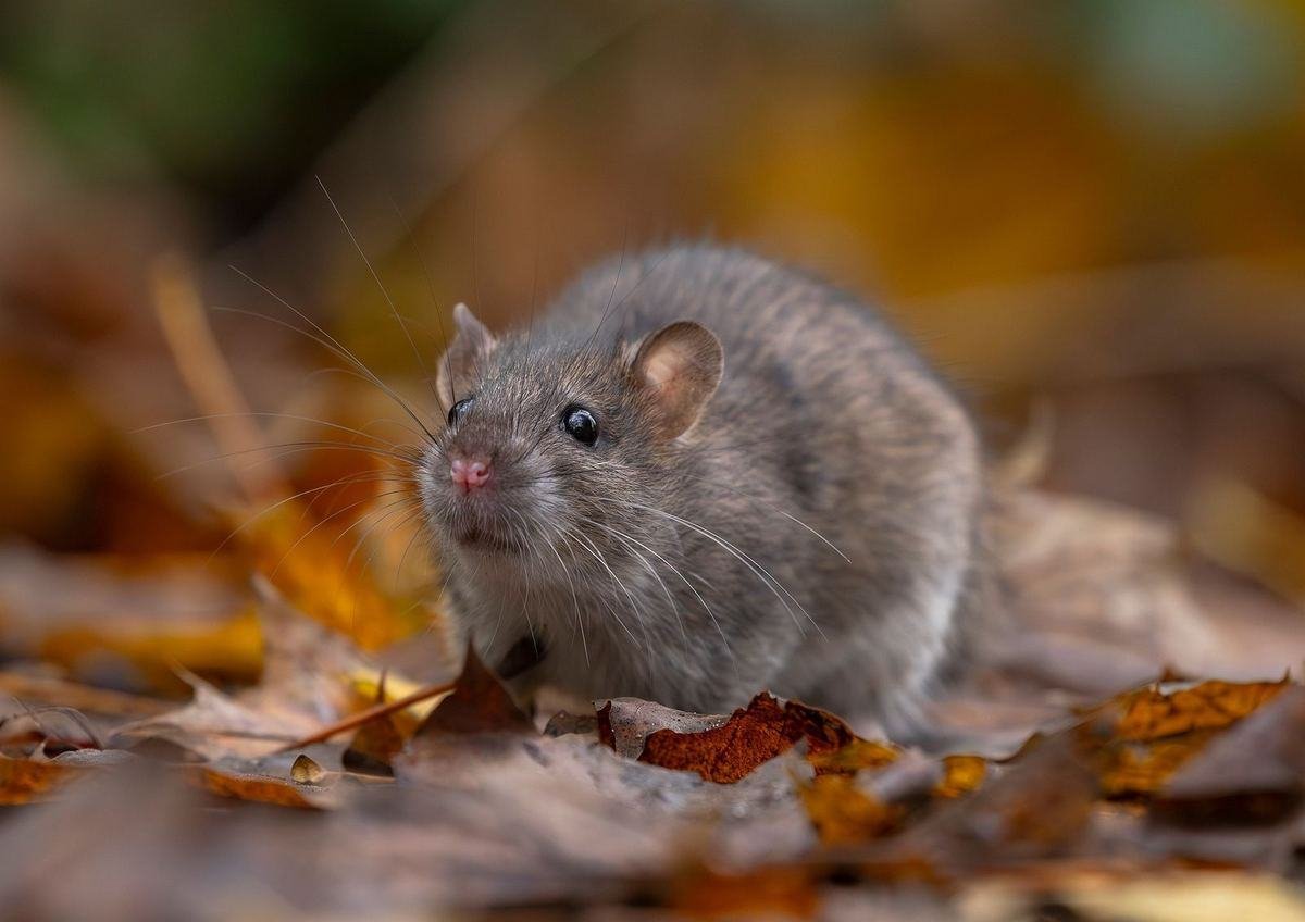 Rat noir dans la litière de feuilles, grandes oreilles et longues moustaches caractéristiques